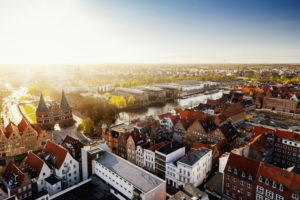 View of Lübeck and the Holstentor at sunset,Schleswig-Holstein,Germany View of Lübeck and the Holstentor at sunset,Schleswig-Holstein,Germany